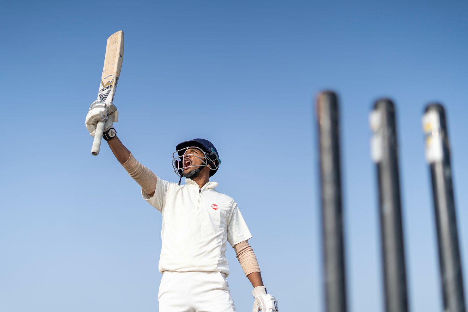 Cricket player ready with bat and helmet